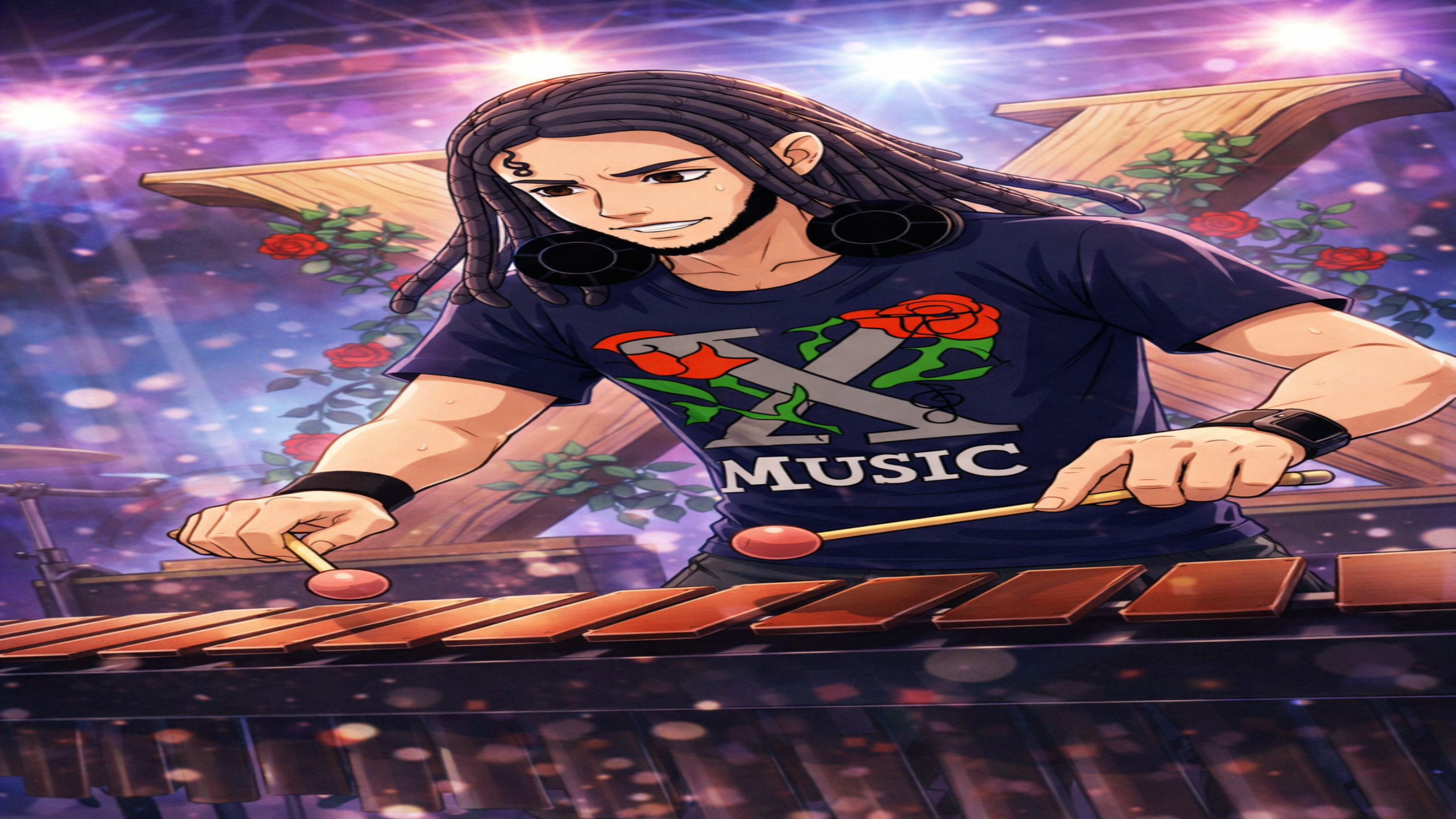 Illustration of a person playing marimba with 'X Music' t-shirt in a festive setting